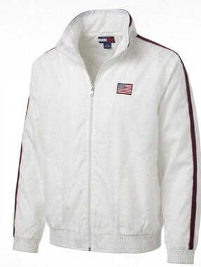 Tommy Hilfiger White Windbreaker with Red & Navy Stripe Accents